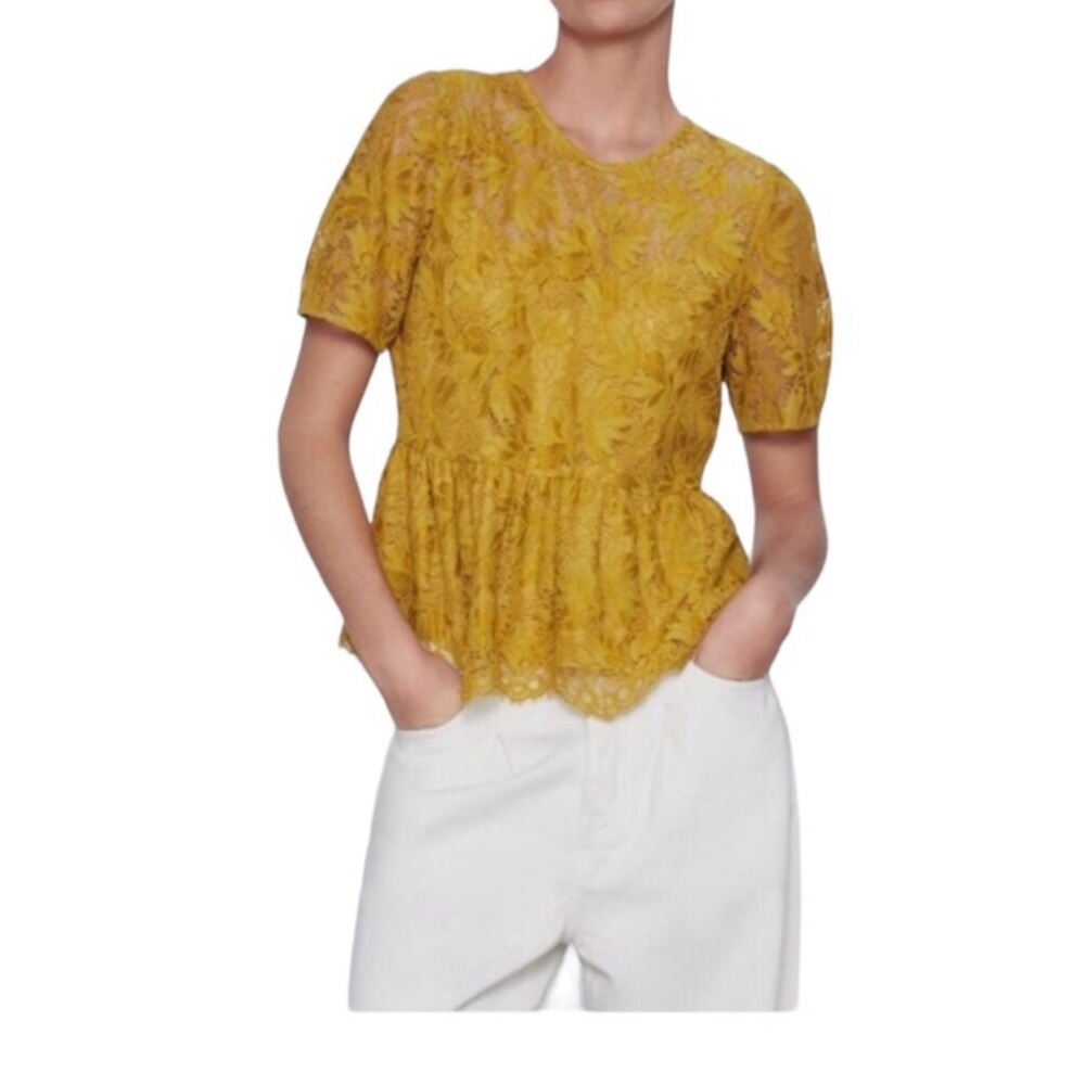 Zara Mustard Yellow Floral Peplum Lace Top